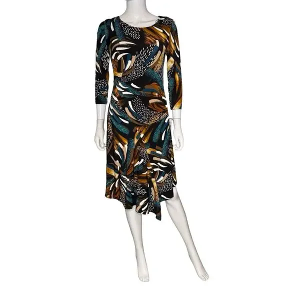 Robbie Bee Petite 3/4-Sleeve Asymmetrical-Hem Dress Teal Multi Women’s Sz PM - Picture 3 of 10